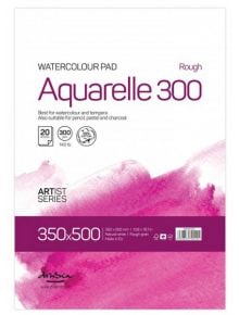 Скицник Drasca Watercolour Pad Aquarelle Rough с 20 листа, 35 x 50 см, акварелна хартия 300 gsm с розов акцент на корицата - идеален за различни арт техники.