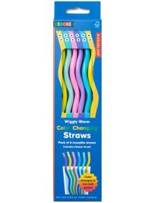 Кутия с етикет "Сламки с променящи се цветове Kikkerland - Червейчета, 6 бр.", съдържащ шест многоразови сламки в синьо, розово, лилаво и жълто, които сменят цвета си при потапяне в ледено студена вода.