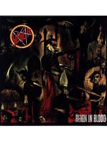 Тъмна, сюрреалистична картина с изкривени фигури, заострени шапки, хаотични сцени и обезглавени глави. Логото на Slayer се появява горе вляво; "Reign in Blood" е в долния десен ъгъл. Продукт: Slayer - Reign in Blood (VINYL).