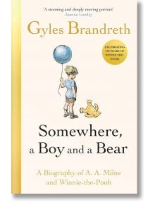 Корицата на книгата "Някъде, момче и мече" е с илюстрация на момче, което държи син балон и плюшено мече, и златен текст, посветен на 100 години от появата на Мечо Пух и неговото наследство.