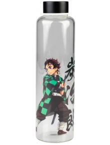 Стъклена бутилка за вода Grupo Erik - Demon Slayer, 500 мл, с черен капак и илюстрация на аниме герой със зелена роба и меч - перфектният подарък за фенове на анимето!.