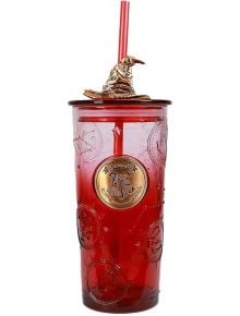 Стъклена чаша Blue Sky - Хари Потър с релефни гербове на домовете, златист емблема на Хогуортс, червена сламка и капак със златна мини Шапка - перфектен подарък за фенове.