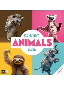 Стенен календар Ackermann Dancing Animals 2026 - Танцуващи животни показва таралеж, лемур, ленивец и слон в танцови пози на цветен фон и носи настроение с танцуващи животни през цялата година.