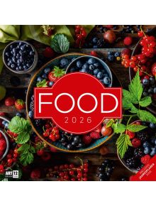 Жива смесица от пресни плодове обгръща червен център с надпис "FOOD 2026", напомнящ кулинарен календар. Зелени листа и прибори за хранене обрамчват оживената корица на стенен календар Ackermann Food 2026 - Храна.