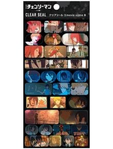 Лист от Стикери Chainsaw Man The Movie: с правоъгълни и овални прозрачни PET стикери, с цветни аниме сцени, екшън и емоционални моменти. Горният етикет показва японски текст.