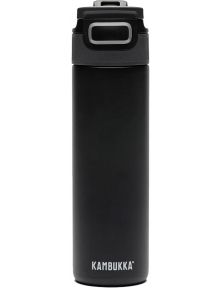Стоманена бутилка Kambukka Elton Insulated Nightfall, 0.600 л, с черен цвят, флип-топ капак и Snapclean технология; бялото лого KAMBUKKA е разположено до основата.