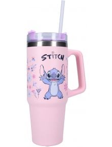 Стоманена чаша Vadobag Stitch Bottled Bliss, 0,900 л., със стилен розов дизайн с цветя и симпатична илюстрация на Стич от филма на Дисни „Лило и Стич“. Тази удобна чаша за пътуване е снабдена с лилав капак и практична сламка.