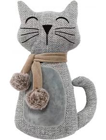 Стопер за врата Osama - Котка Tweed Gray е плюшена сива котка с шарка рибена кост, с бродирани елементи, светлосиво коремче и бежов шал с две помпони. Тя седи изправена с опашка, свита настрани.