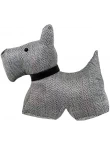 Стопер за врата Osama - Куче Tweed Black е плюшена играчка куче с форма на шотландски териер, изработено от сиво-бял туид с черна яка - идеално като декоративен елемент или стопер за врата във вашия дом.