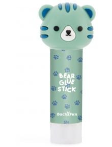 Лепило със зелена капачка във формата на мече. Етикетът е със сини отпечатъци на лапи и гласи "Сухо лепило Miquelrius Back2Fun Bear", което подчертава мултифункционалното му приложение - идеално за училищни проекти.