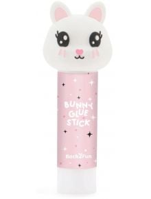Сухо лепило Miquelrius Back2Fun Bunny е розово лепило с капачка с лице на зайче - големи очи, розови бузи, уши - и етикет с надпис "Bunny Glue Stick" с бели звезди и "Back 2 Fun" в долната част.