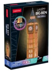 Светещ 3D пъзел Cubic Fun - Биг Бен, 32 части, с LED осветление за ефектна визия нощем. Кутията предупреждава за опасност от задавяне.
