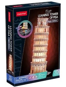 Кутията на светещ 3D пъзел Cubic Fun - Наклонената кула в Пиза, 42 части, представяща умален модел с осветление и ясно видими продуктови детайли върху опаковката.