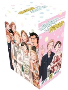 Комплект за пот и сапун, том 2 включва романтични манга герои в сватбено и официално облекло, които се усмихват и позират заедно на пастелен фон с цветни точки.