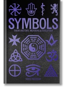 Корицата на "Символи: На корицата на книгата "История, значение и еволюция" са изобразени различни лилави мистични и религиозни символи върху черен фон, което отразява ролята ѝ на справочник по символика. Заглавието е изписано на видно място.