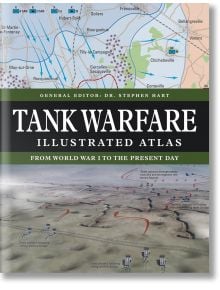 Корицата на Илюстрования атлас на танковата война: От 1916 г. до наши дни показва в горната си част бойни карти, а в долната - илюстрирано бойно поле с динамични движения на танкове.