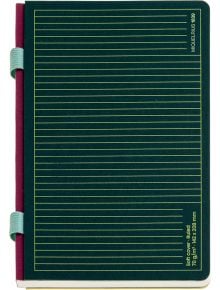 Затворен зелен тефтер Miquelrius B2B Doble Verde A5 с комбинирано съдържание, с жълти хоризонтални линии, гръбнак в цвят бордо, светлозелени ластици и текст на корицата с информация за продукта.