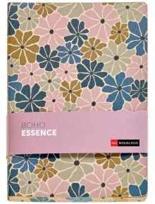 Тефтер Miquelrius Boho Essence A5 с 80 листа на точки, флорален капак в пастелни цветове и лавандулова лента с надпис BOHO ESSENCE и MIQUELRIUS - стилен избор за бележки.