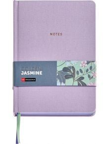 Тефтерът Miquelrius Golden Jazmin Fabric Mauve A5 с 96 листа на точки е тефтер с твърди корици с релефен златен надпис "NOTES", флорална декоративна лента с надпис златист Jazmin и лилави и зелени акценти.