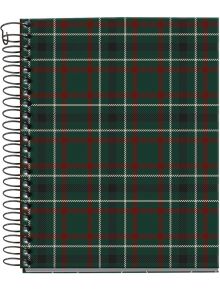 Тефтер Miquelrius Highland Days Campbell A6 със 100 бели нелинирани листа, със спирала отляво и зелено-черна карирана корица с пресичащи се червени, бели и черни линии.