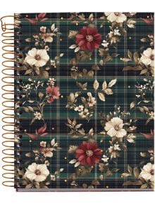 Тефтер Miquelrius Highland Days Poppies A6 със спирала и 100 листа на широки редове, с тъмнозелена карирана корица, червени, бели и бежови цветя и златни точици.