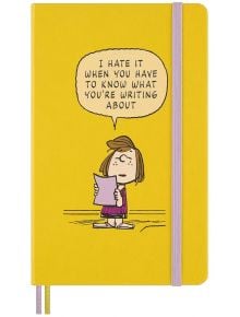 Тефтерът Moleskine Limited Edition Peanuts Patty (13 x 21 см, жълт) е с цитат от комикса за фъстъците, ластик, две лентички и тематични стикери.
