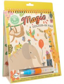 Тефтерът за оцветяване с вода Floss & Rock, Magic Colour-in pad, Jungle Party е книжка със спирала с изображения на животни от джунглата и включва стоящ дизайн със синя и оранжева водна писалка, прикрепена в долната част.