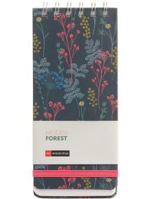 Тефтерче Miquelrius Hidden Forest със спирала, 80 линирани листа, тъмни твърди корици с цветни ботанически илюстрации, бял етикет "HIDDEN FOREST" и червен ластик - стилно решение за бележки.