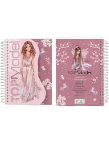 Тефтерчето Top Model със спирала в спирална подвързия представя момиче в раздвижена розова рокля с флорална украса на главата, заобиколено от цветя и еднорози на пастелно розов фон.