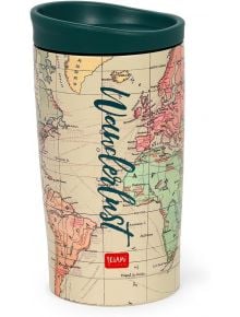 Термочаша Legami - Travel, 275 мл, е чаша за пътуване с дизайн на винтидж карта на света, с диагонално разположен надпис "Wanderlust" и малък червен етикет LEGAMI в близост до основата.