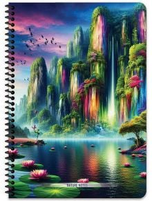Цветна спирала Keskin Color Nature тетрадка със спирала и 80 листа на широки редове, включваща яркия водопад на дъгата с лотосови цветя и птици под небето. Заглавие: ПРИРОДНИ ЗАБЕЛЕЖКИ.