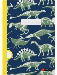 Тетрадката „Miquelrius Dino Fossil“ А4, 48 листа, малки квадратчета, има синя корица, украсена със зелени и бели илюстрации на скелети на динозаври, и жълт гръб. Изработена е от качествена хартия, осигуряваща гладко писане, и разполага с бял етикет за име