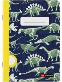 Тетрадка Miquelrius Dino Fossil A5, 48 бели страници, с тъмносиня корица, украсена със зелени и бели илюстрации на скелети на динозаври, жълт гръб, празен етикет за надписване и логото на Miquelrius в долния десен ъгъл — идеален избор за ученически тетрад