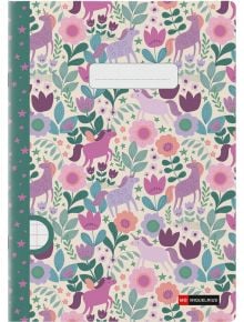 Тетрадката „Miquelrius Flower Unicorn“ формат А4 (48 листа, широки редове) има забавна корица с лилави и розови еднорози, цветя, листа, зелен гръб с лилави звезди и място за етикет — идеална за всяка колекция!.