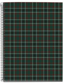 Тефтерът със спирала Miquelrius Highland Days Campbell A4 има 100 листа с широки линийки и тъмнозелена, черна и червена карирана корица с тънки бели линии.