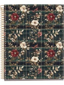 The Тетрадка Miquelrius Highland Days Poppies A5 със спирала и 100 листа на широки редове има тъмнозелен и черен кариран дизайн с червени, кремави и розови цветя, кафяви листа и малки златни точки.