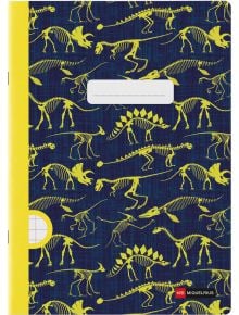 Тетрадката Miquelrius Mini Fossil A4 (48 листа, широки редове) има корица от висококачествен картон с жълти скелети на динозаври на тъмносин фон, бял етикет по средата и жълт гръб. Логото на марката Miquelrius е в долния десен ъгъл.