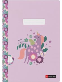 Тетрадката Miquelrius Wish Unicorn A4 (48 листа, широки редове) е с пастелнорозова корица с лилаво еднорогче, цветя, звезди, надпис „make a wish“, флорален мотив по гърба, място за етикет, качествена хартия и логото на Miquelrius.
