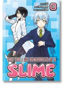 Корицата на "That Time I Got Reincarnated as a Slime, Vol. 28" показва Rimuru Tempest в костюм и вратовръзка с друг герой в бяло палто на син пикселизиран фон, вдъхновен от Съвета на Запада.