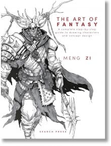 Черно-бяла илюстрация на брониран фентъзи воин на корицата на "Изкуството на фентъзито", със смел дизайн на героите, червен и златен текст и бял фон.