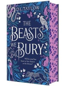 Корицата на книгата "Зверовете, които погребваме" с илюстрирани животни, растения, меч и богато украсени сини, лилави и розови мотиви. Слоган: Дали престолонаследникът ще използва магията за призоваване на животни, за да открадне сърцето ѝ или короната ѝ?