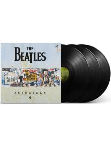 Три винилови плочи, частично покрити с обложката на албума The Beatles - Anthology 4 (3 VINYL), с колаж от снимки на Бийтълс - идеално решение за всеки колекционер или фен на редки и неиздавани записи на Бийтълс.