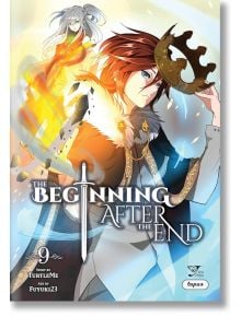 Корицата на The Beginning After the End, Vol. 9 показва Артур, червенокос герой в кралско облекло, държащ счупена корона, с мотиви на меч и магия. Зад него се носи среброкоса фигура със светещи ръце.