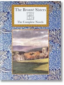 Корица на книгата "Сестрите Бронте": с богато украсена синя флорална рамка и картина на провинцията, пресъздаваща вечните светове на "Джейн Еър" и "Грозното изворче" под облачно небе.