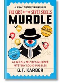 Корицата на книгата Murdle: The Case of the Seven Skulls, на която е изобразена циклопска фигура с федора сред цветни икони, със слоган, подчертаващ логическите пъзели с мистерия на убийството.