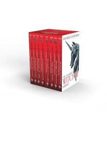 The Witcher Boxed Set 2024 включва всичките седем романа на Анджей Сапковски с червени и бели гръбчета с дизайн на корицата с вълк и еднорог, подредени в редица.
