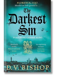 Корицата на книгата "Най-мрачният грях" изобразява силуета на Флоренция и катедралата под мрачно синьо-зелено небе, което подчертава този исторически трилър, чието действие се развива през 1537 г. в ренесансова Флоренция.