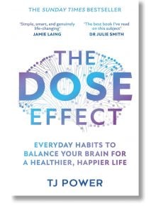 Корицата на "Ефектът на дозата" от TJ Power показва свързани точки, образуващи мозък, което подчертава фокуса върху мозъчната химия. Подзаглавието гласи: Всекидневни навици за балансиране на мозъка за по-здравословен и щастлив живот.