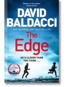 Корицата на книгата The Edge (The 6:20 Man, Book 2) от Дейвид Балдачи показва два силуета, бягащи по скалиста земя, птици в синьото облачно небе, слогана "Той е по-близо, отколкото си мислите..." и червена емблема на The 6:20 Man.