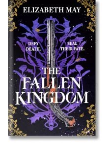 Корицата на книгата Fallen Kingdom е с богато украсен античен пистолет върху лилав флорален дизайн в черно със златни акценти. Идеална за почитателите на романтиката от викторианската епоха в Шотландия. Текст: Изправете се срещу смъртта. Подпечатай съдбат